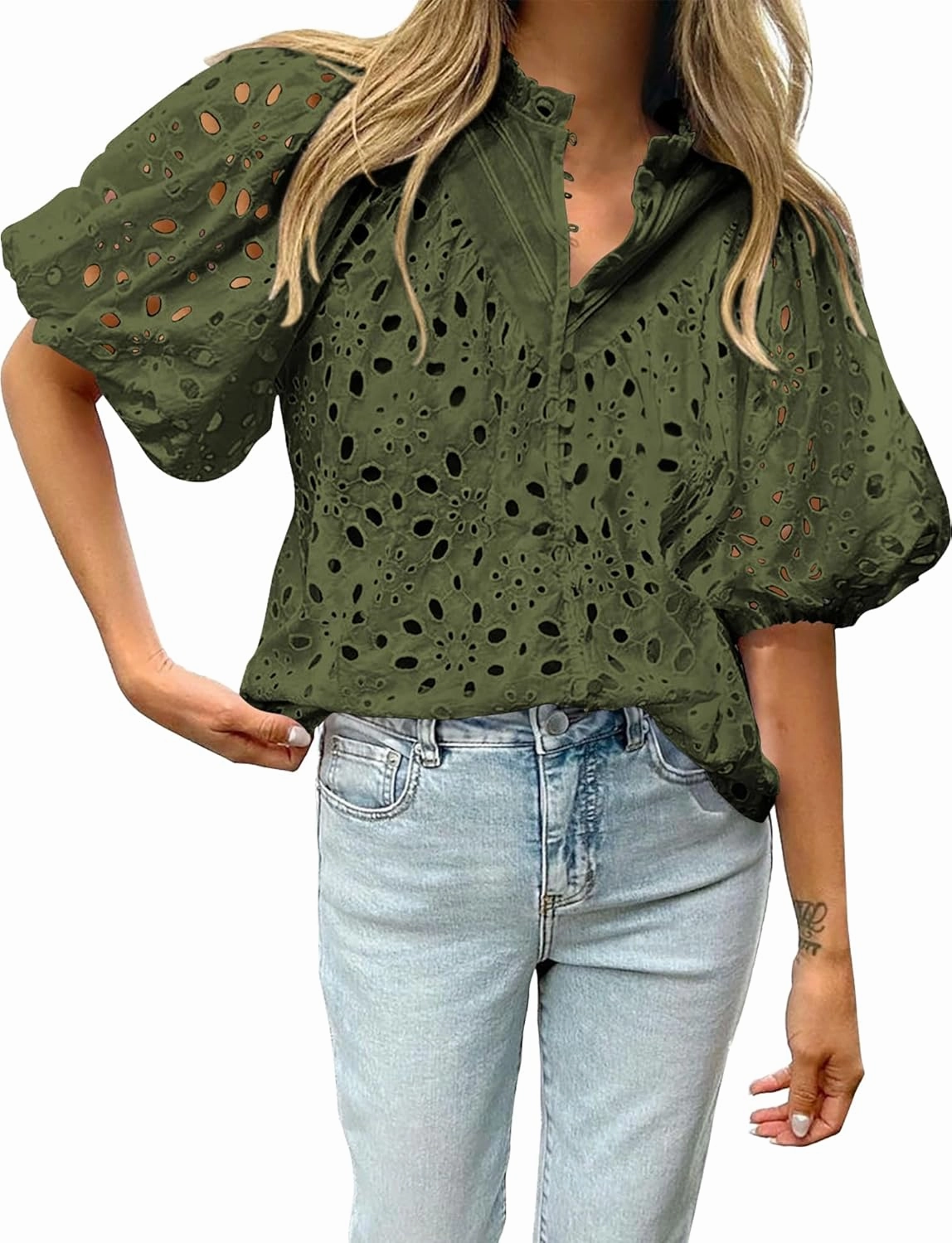 BTFBM Womens Casual Summer Blouse 2025 Hollow Out Eyelet Embroidery Tops V Neck Buttons Puff Short Sleeve Boho Shirts