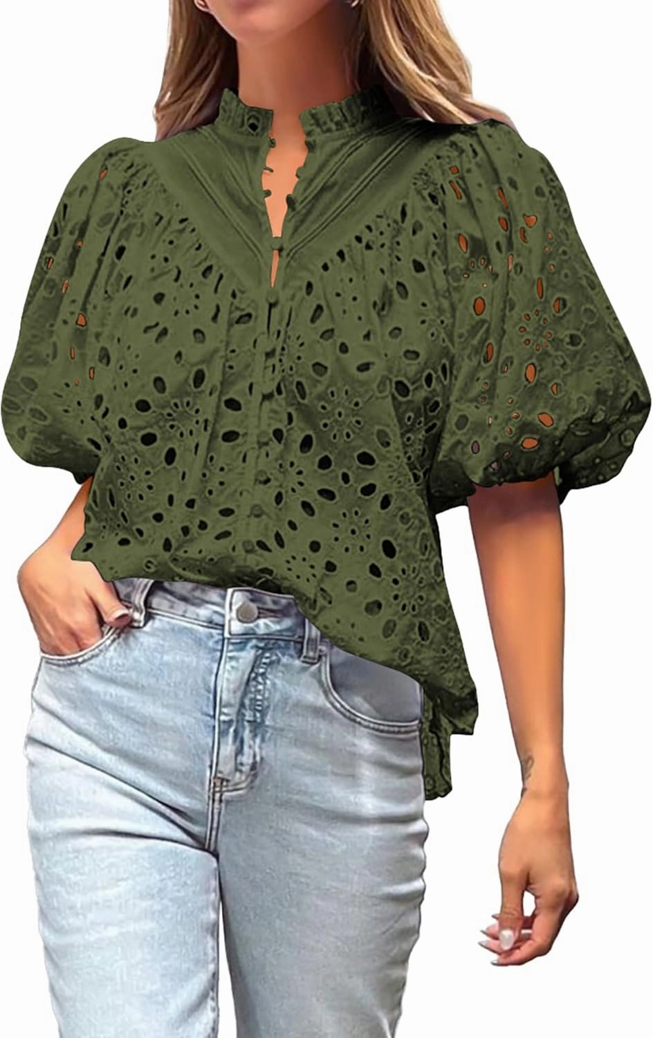 BTFBM Womens Casual Summer Blouse 2025 Hollow Out Eyelet Embroidery Tops V Neck Buttons Puff Short Sleeve Boho Shirts
