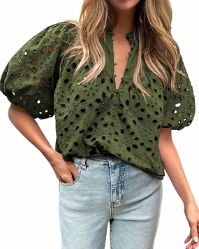 BTFBM Womens Casual Summer Blouse 2025 Hollow Out Eyelet Embroidery Tops V Neck Buttons Puff Short Sleeve Boho Shirts