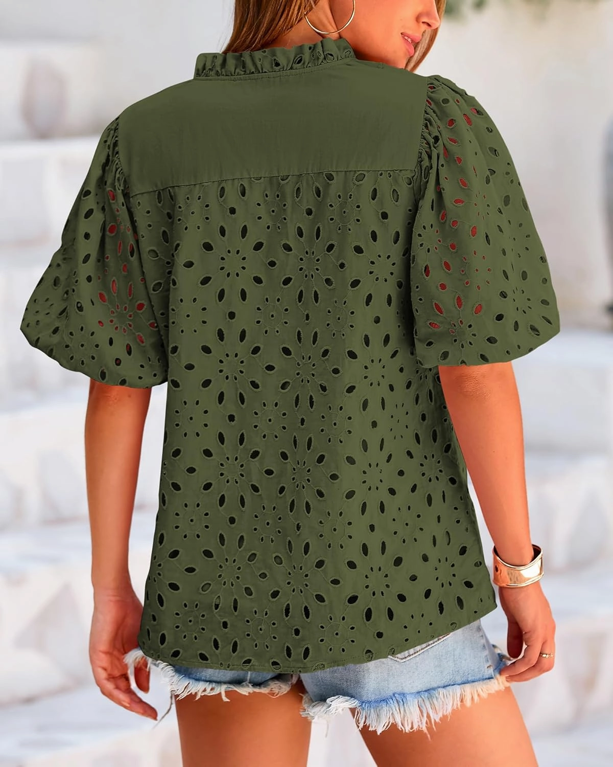 BTFBM Womens Casual Summer Blouse 2025 Hollow Out Eyelet Embroidery Tops V Neck Buttons Puff Short Sleeve Boho Shirts