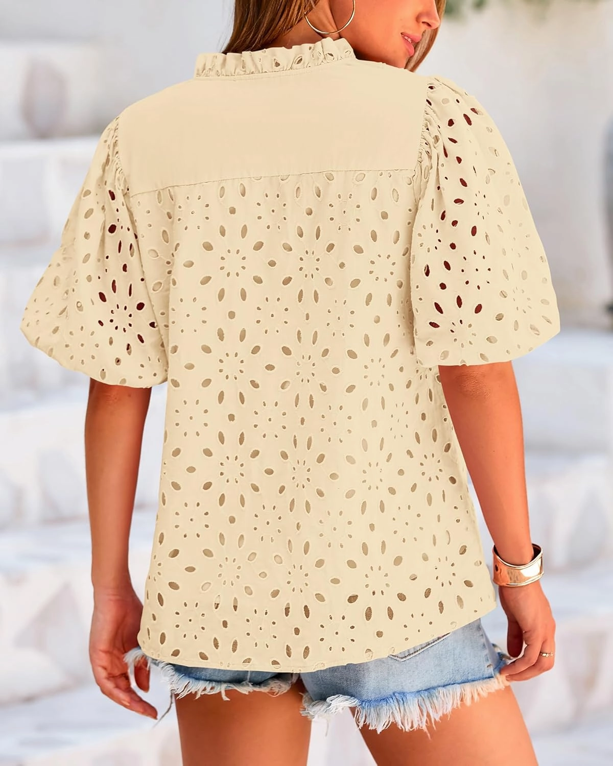 BTFBM Womens Casual Summer Blouse 2025 Hollow Out Eyelet Embroidery Tops V Neck Buttons Puff Short Sleeve Boho Shirts