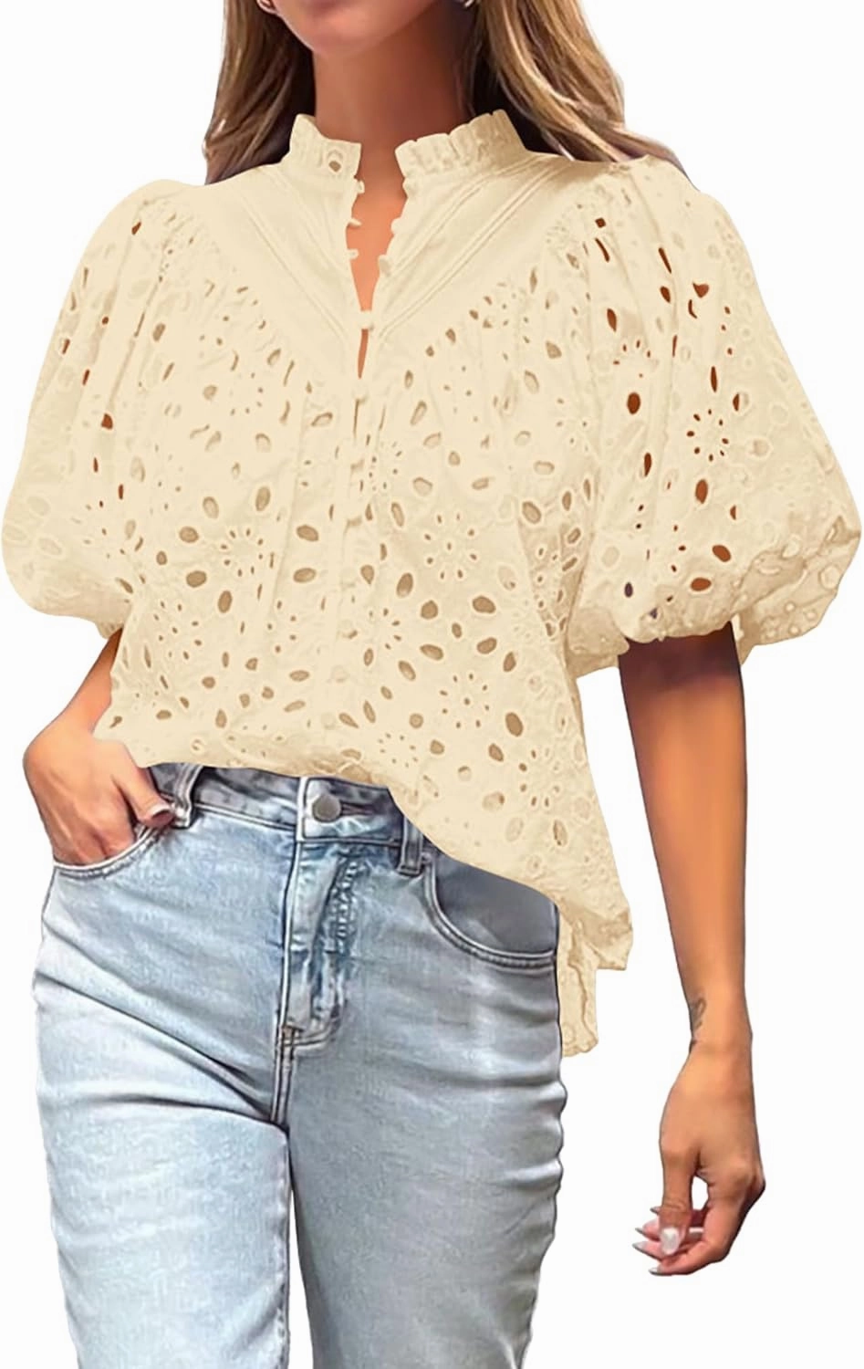 BTFBM Womens Casual Summer Blouse 2025 Hollow Out Eyelet Embroidery Tops V Neck Buttons Puff Short Sleeve Boho Shirts