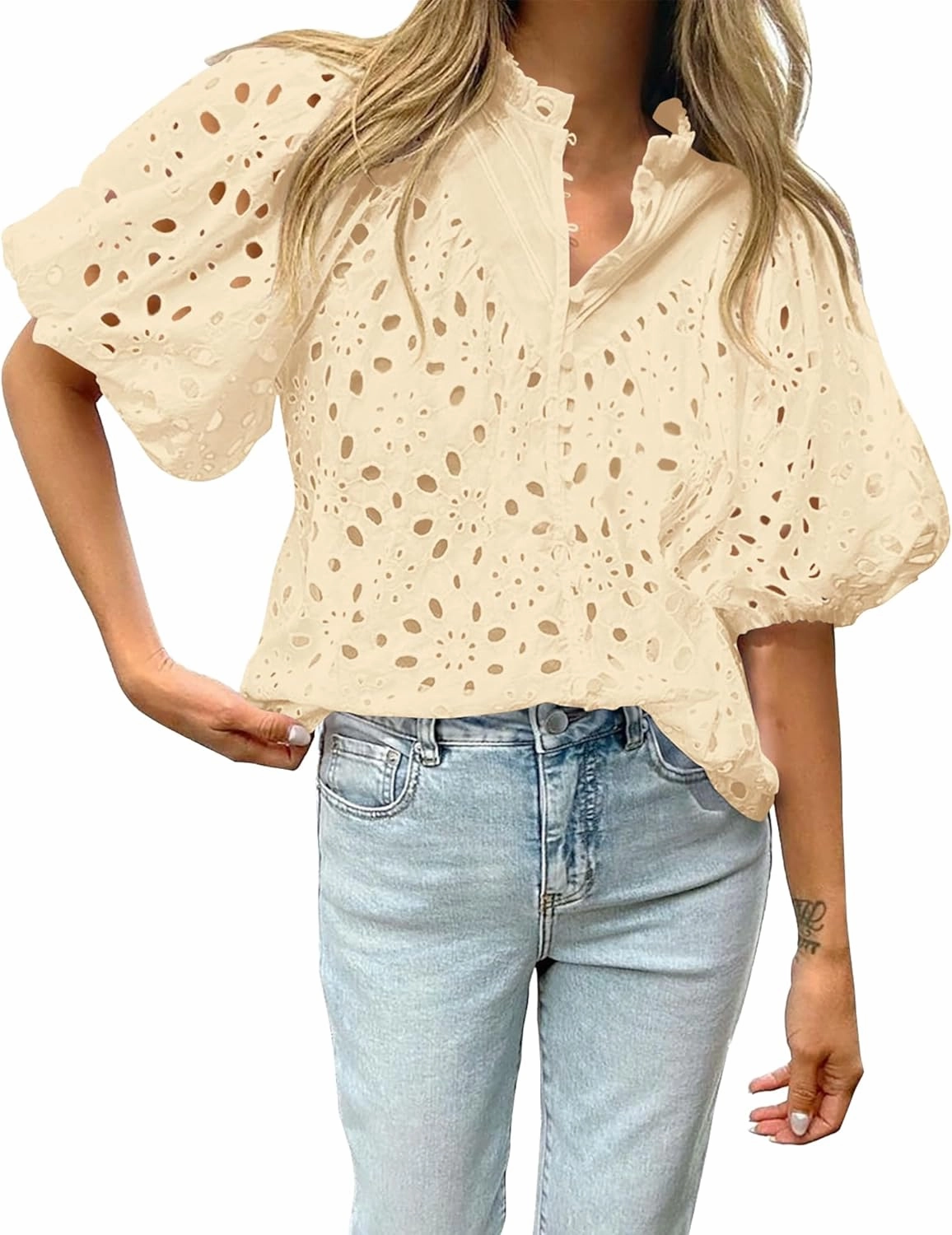 BTFBM Womens Casual Summer Blouse 2025 Hollow Out Eyelet Embroidery Tops V Neck Buttons Puff Short Sleeve Boho Shirts