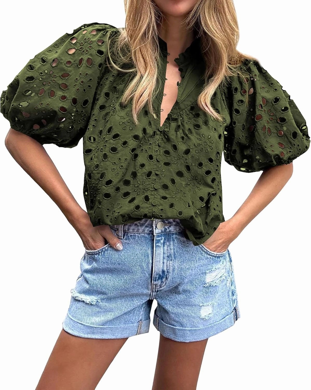 BTFBM Womens Casual Summer Blouse 2025 Hollow Out Eyelet Embroidery Tops V Neck Buttons Puff Short Sleeve Boho Shirts