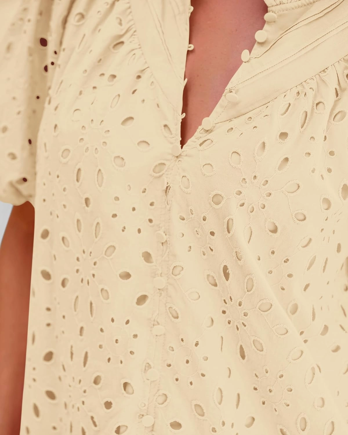 BTFBM Womens Casual Summer Blouse 2025 Hollow Out Eyelet Embroidery Tops V Neck Buttons Puff Short Sleeve Boho Shirts