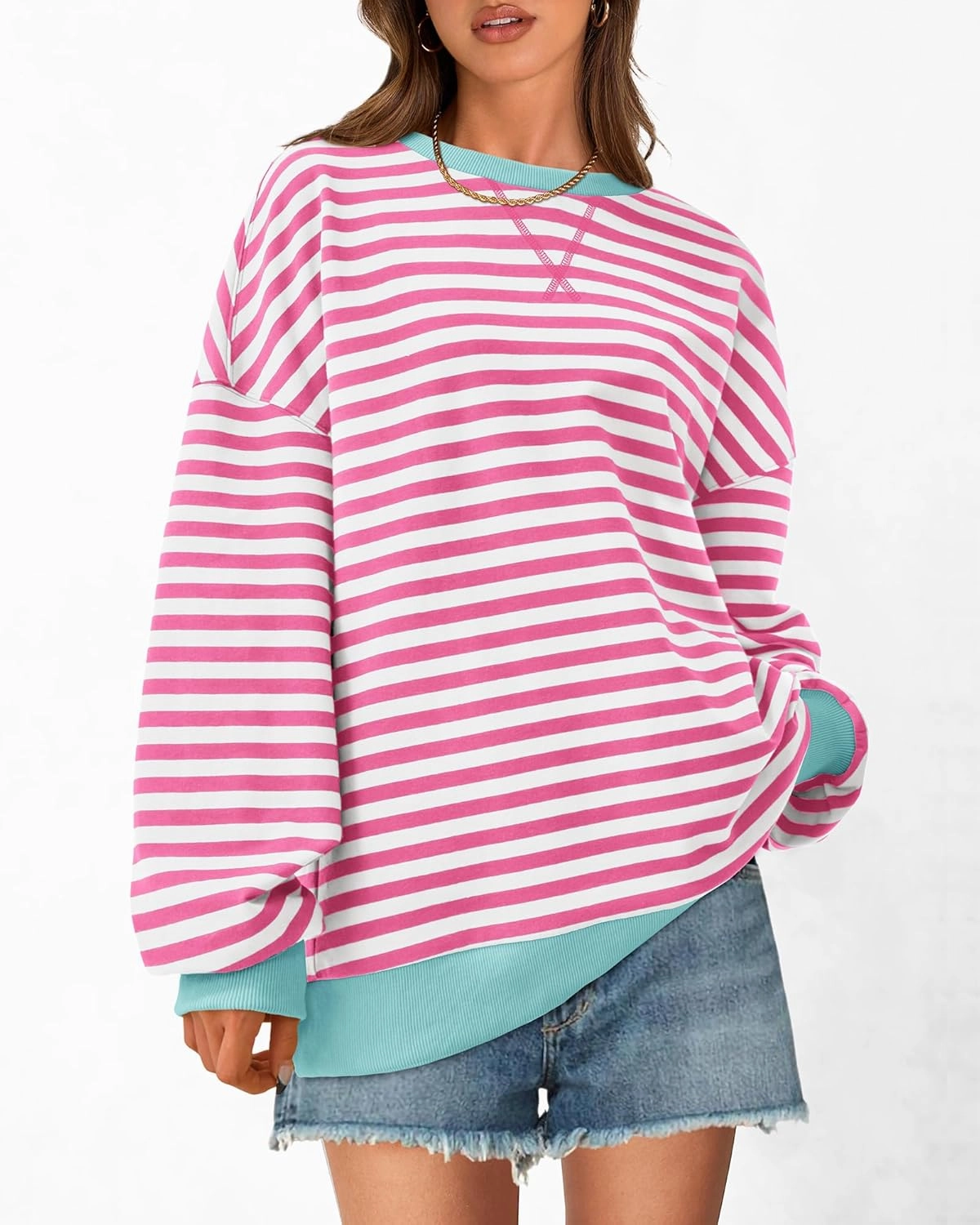 BTFBM Womens Oversized Striped Sweatshirt Crewneck Long Sleeve Pullover Top Casual Y2K Fall Clothes 2025 Workout Shirt