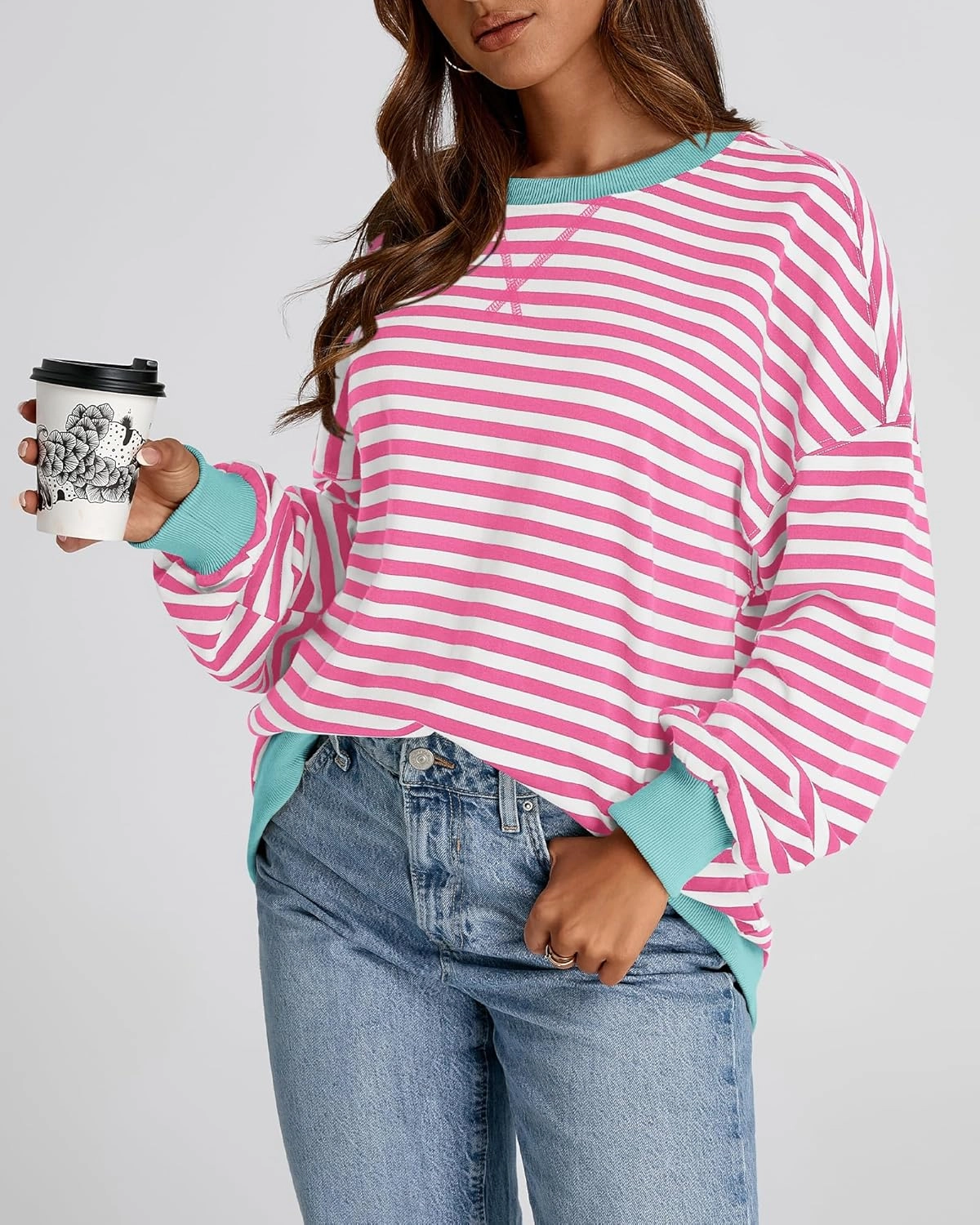 BTFBM Womens Oversized Striped Sweatshirt Crewneck Long Sleeve Pullover Top Casual Y2K Fall Clothes 2025 Workout Shirt