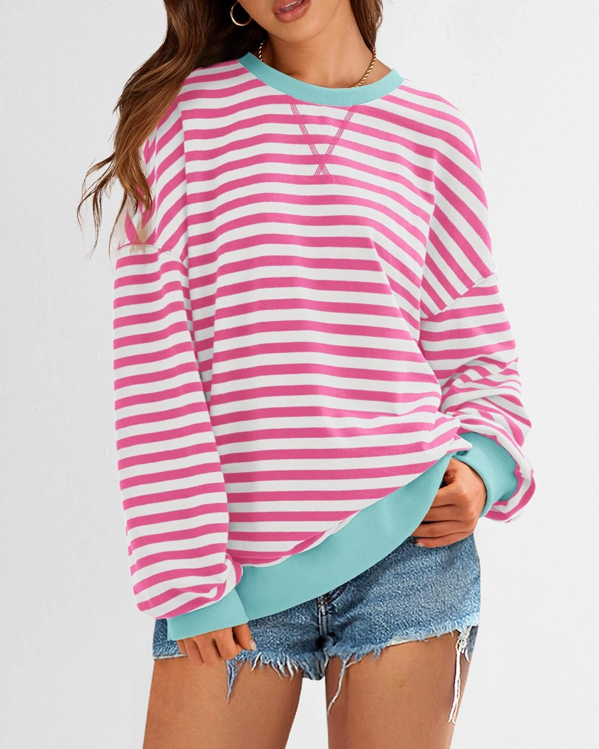 BTFBM Womens Oversized Striped Sweatshirt Crewneck Long Sleeve Pullover Top Casual Y2K Fall Clothes 2025 Workout Shirt