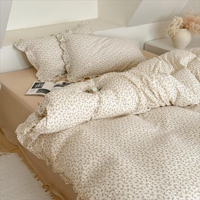 BuLuTu Muslin Kids Duvet Cover for Full Size Bed, Vintage Farmhouse Duvet Covers with Ruffles, Soft Cotton Comforter Cover, Camellia, Zipper Closure & Corner Ties, No Comforter