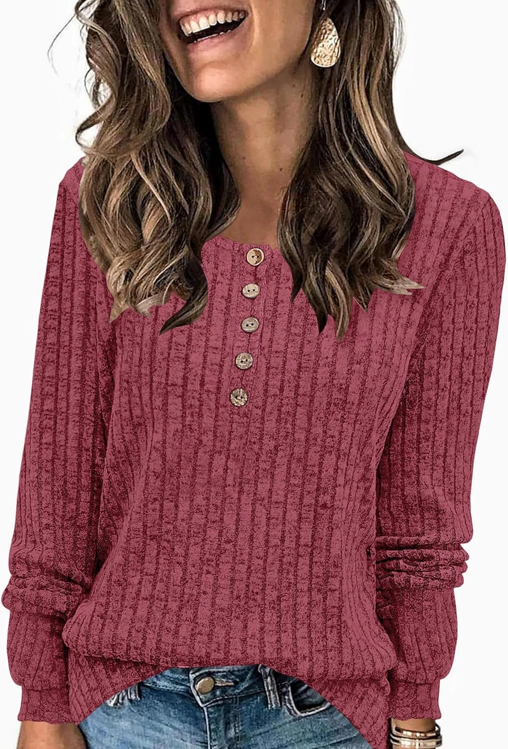 Button Up Sweater for Women Fall Lightweight Knit Pullover Sweaters Long Sleeve Henley Shirts Crewneck Tunic Tops