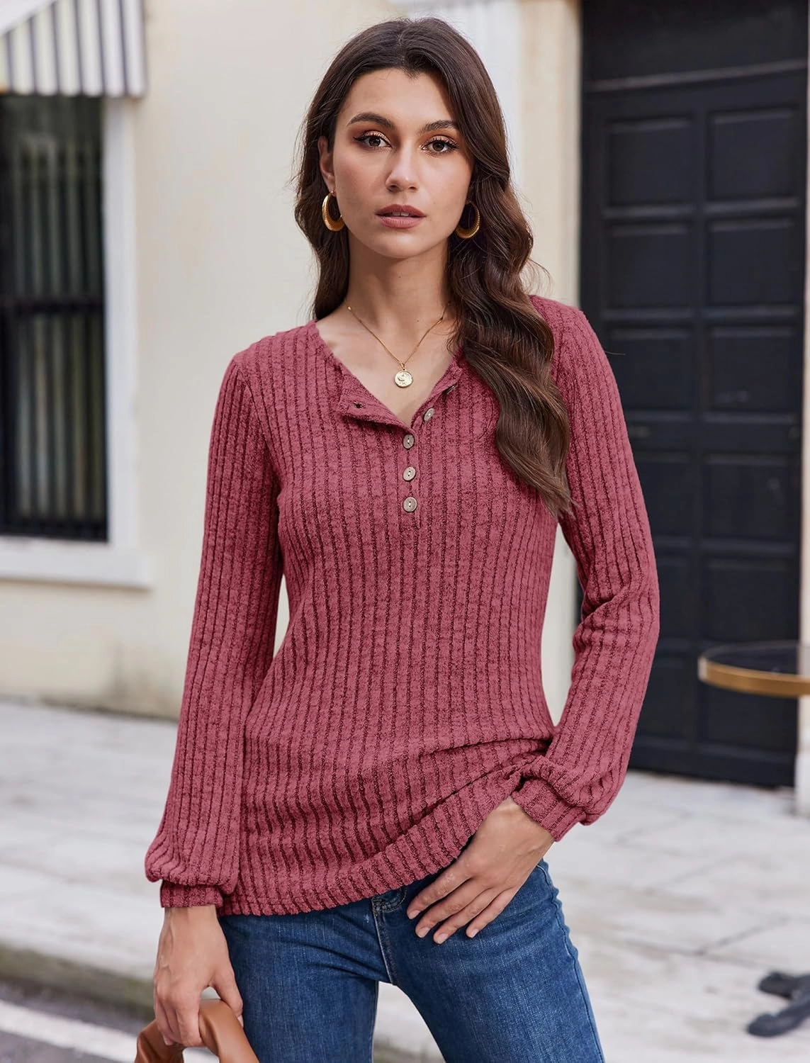 Button Up Sweater for Women Fall Lightweight Knit Pullover Sweaters Long Sleeve Henley Shirts Crewneck Tunic Tops