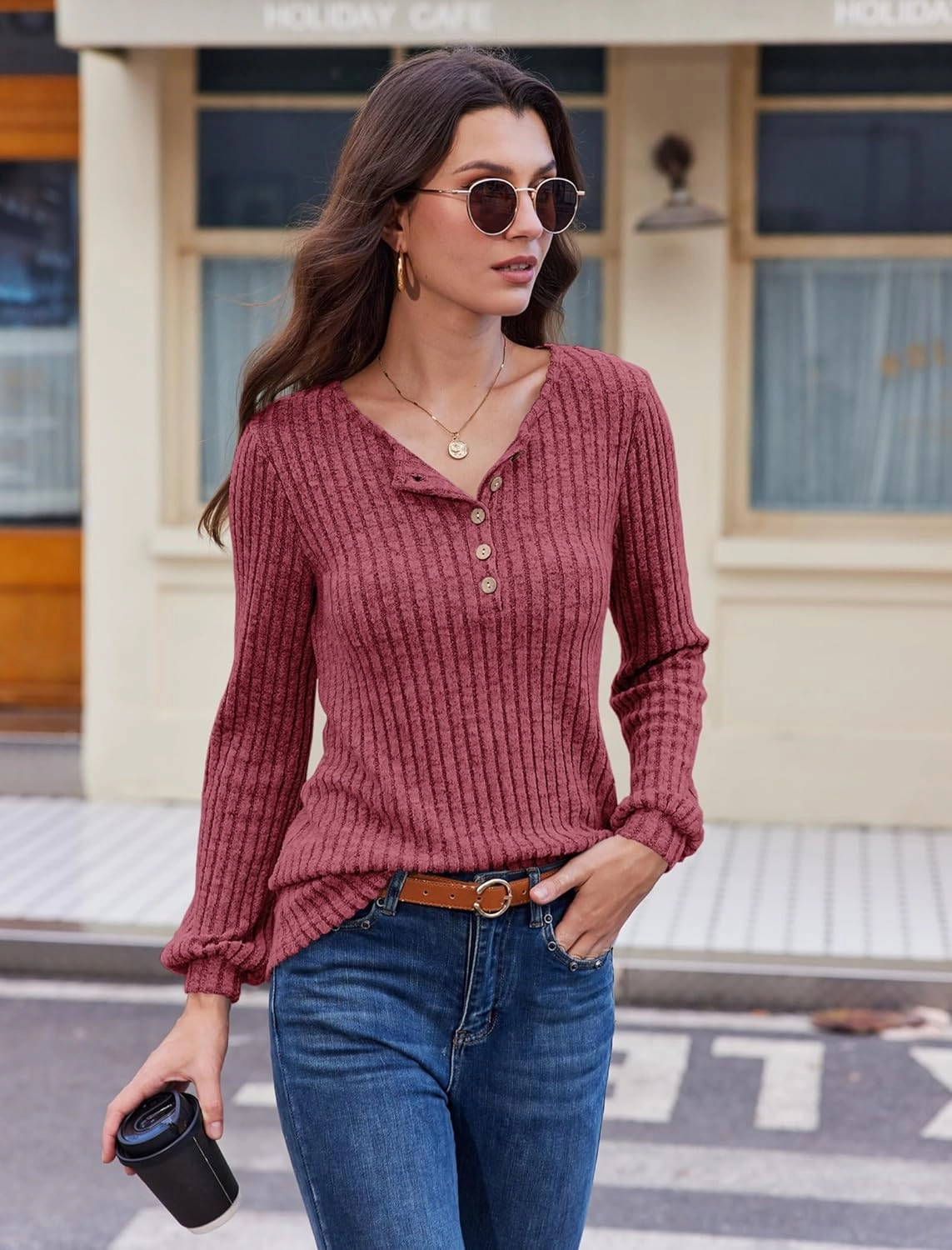 Button Up Sweater for Women Fall Lightweight Knit Pullover Sweaters Long Sleeve Henley Shirts Crewneck Tunic Tops