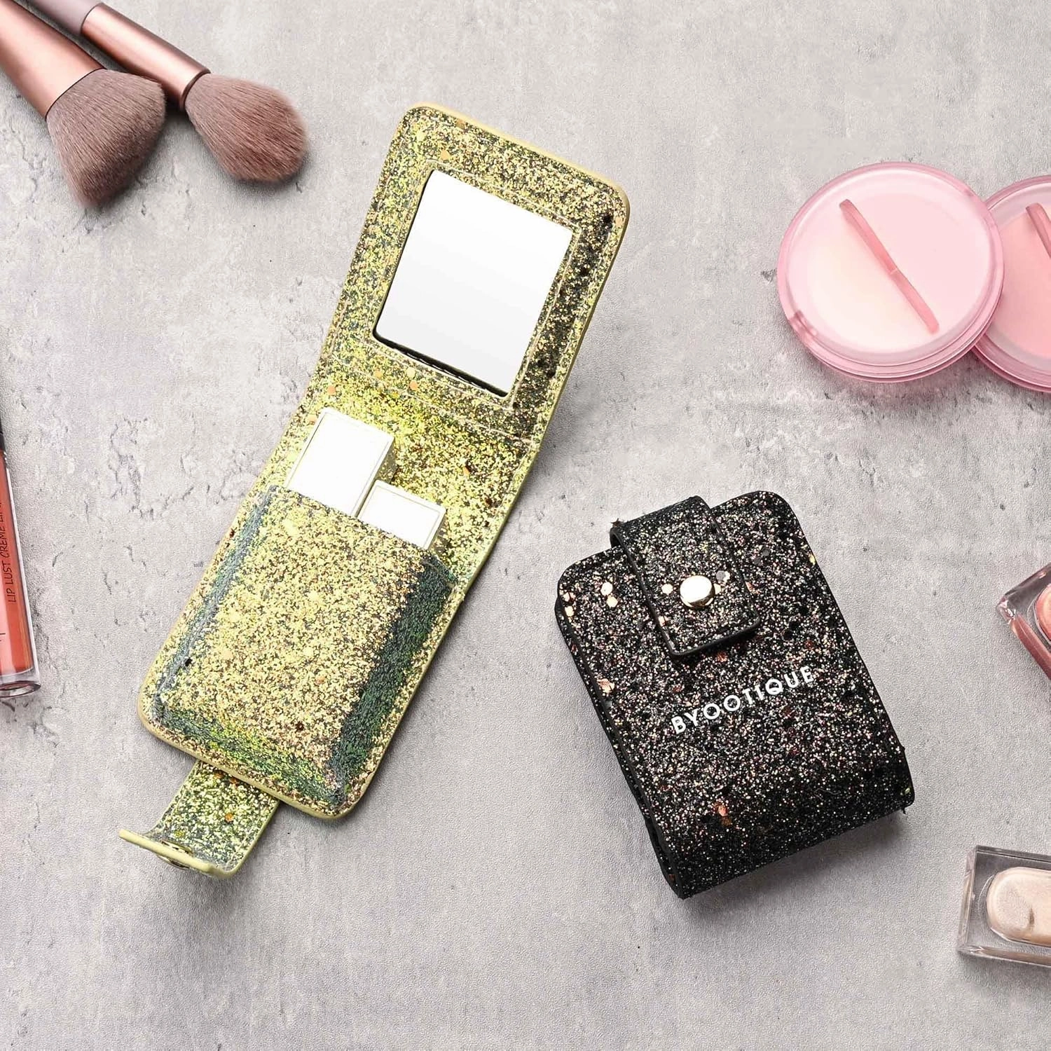 BYOOTIQUE Makeup Lipstick Case with Mirror Portable Lip Gloss Cosmetic Pouch Lipstick Holder Makeup Organizer Makeup Bag for Purse Mini Bag Travel, Glitter Black