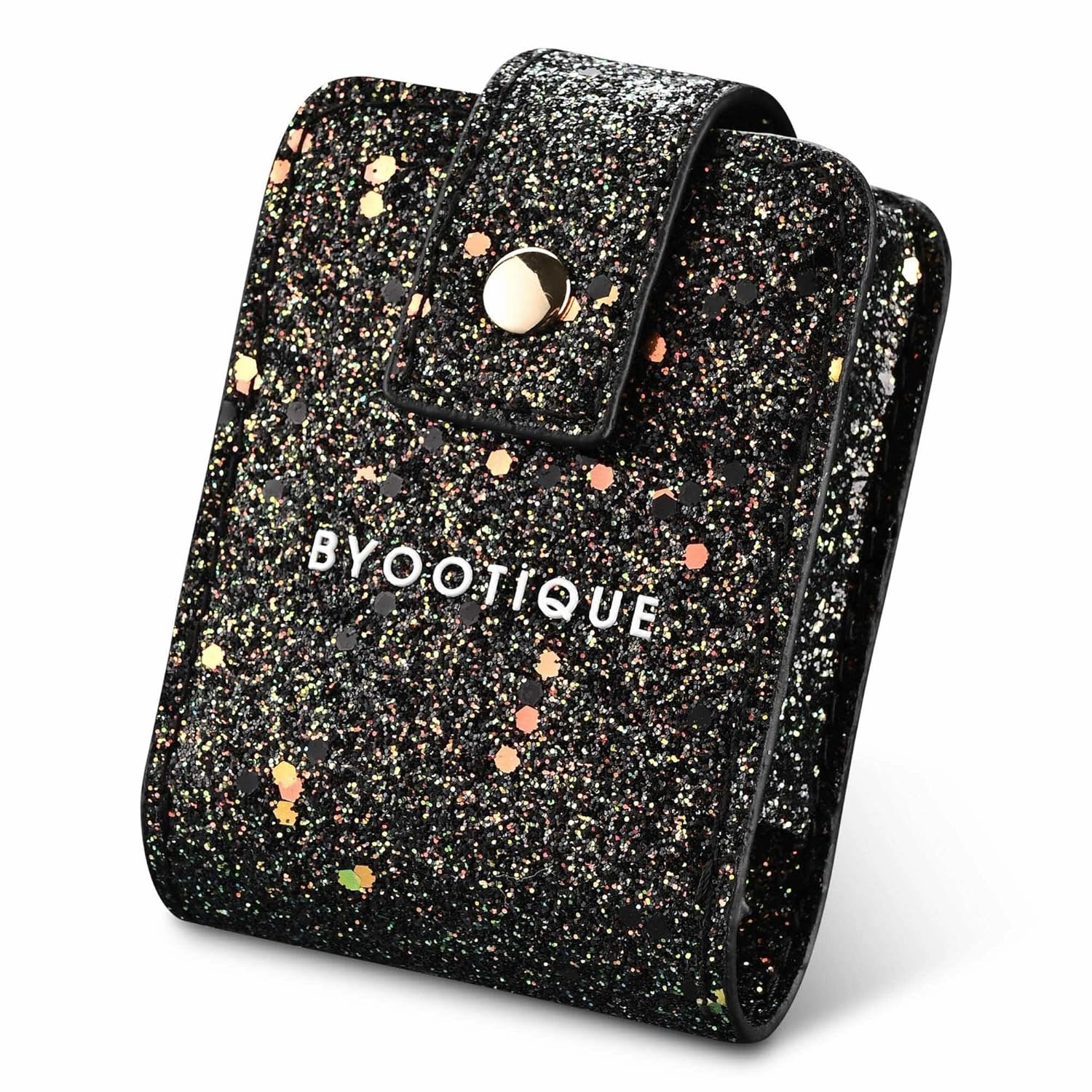 BYOOTIQUE Makeup Lipstick Case with Mirror Portable Lip Gloss Cosmetic Pouch Lipstick Holder Makeup Organizer Makeup Bag for Purse Mini Bag Travel, Glitter Black