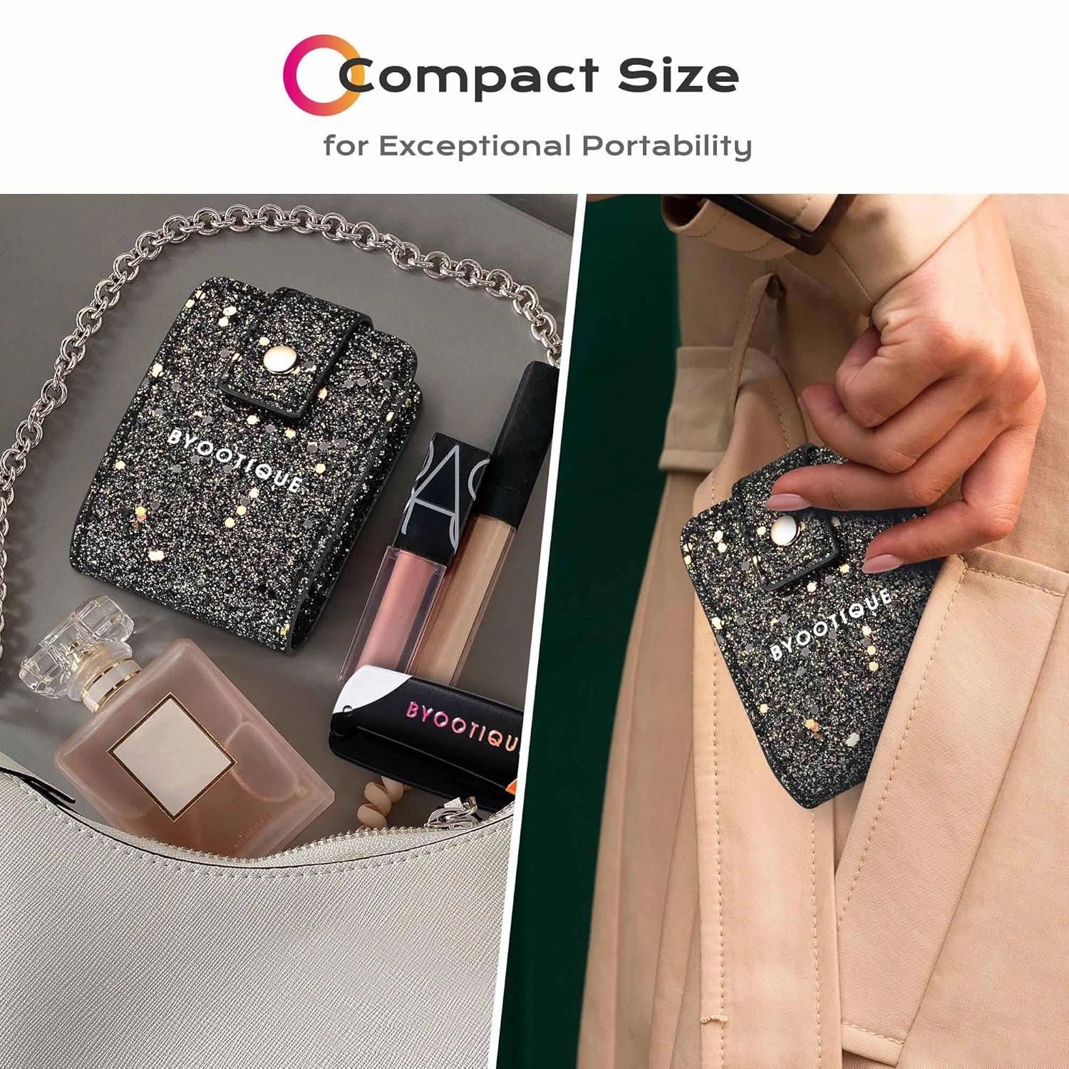 BYOOTIQUE Makeup Lipstick Case with Mirror Portable Lip Gloss Cosmetic Pouch Lipstick Holder Makeup Organizer Makeup Bag for Purse Mini Bag Travel, Glitter Black