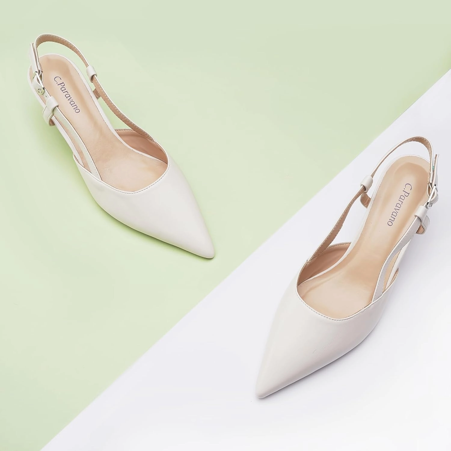 C.Paravano Beige Slingback Heels for Women - Pointed Toe, Stiletto Heels, Slip On Work Pumps, Dress Shoes