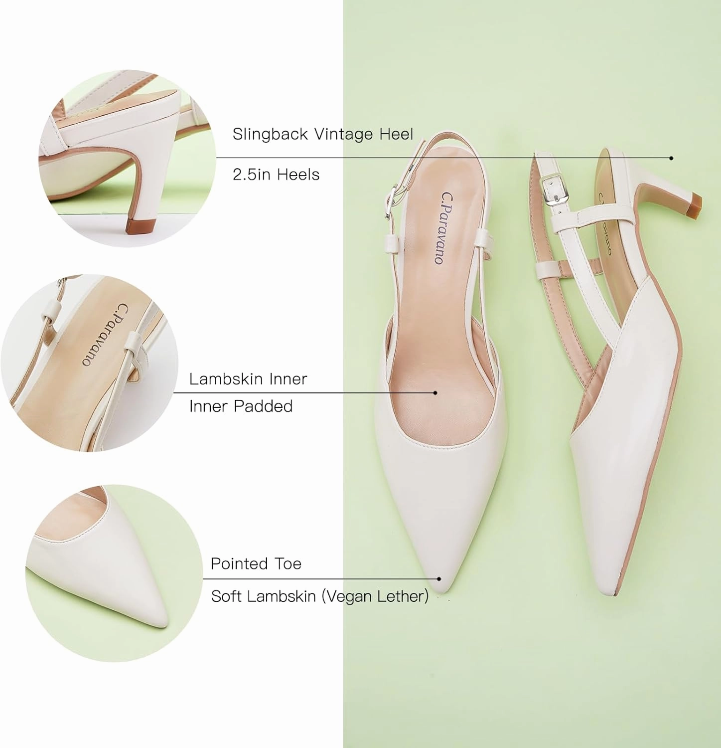 C.Paravano Beige Slingback Heels for Women - Pointed Toe, Stiletto Heels, Slip On Work Pumps, Dress Shoes