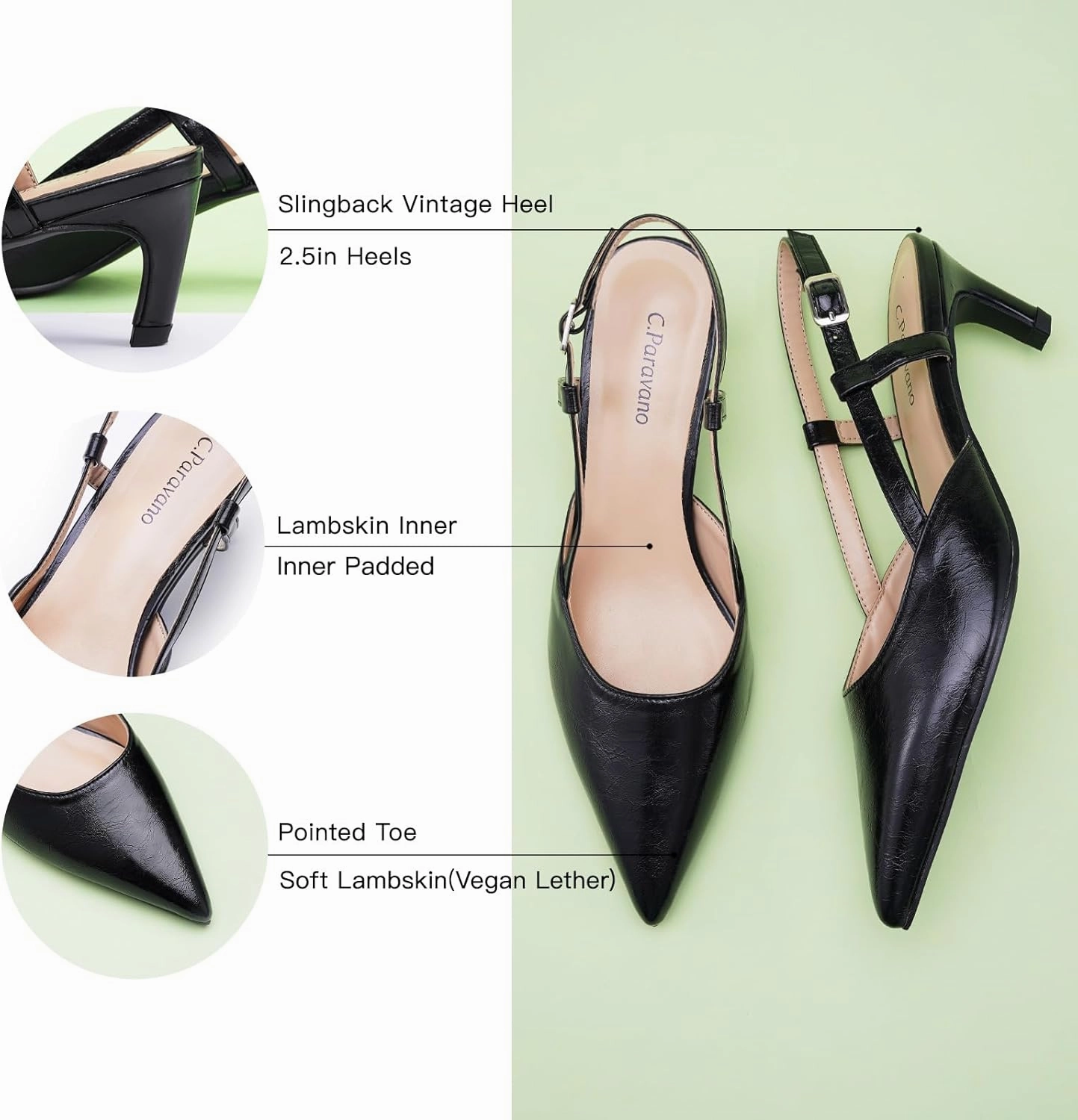 C.Paravano Beige Slingback Heels for Women - Pointed Toe, Stiletto Heels, Slip On Work Pumps, Dress Shoes