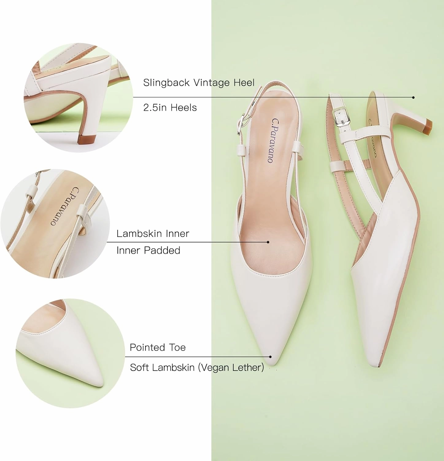 C.Paravano Beige Slingback Heels for Women - Pointed Toe, Stiletto Heels, Slip On Work Pumps, Dress Shoes