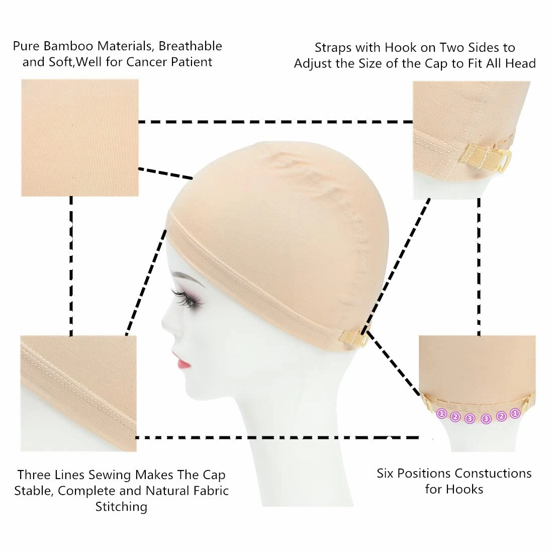 Cancer Headwear for Women Adjustable Bamboo Wig Cap Chemo Soft Lace Bamboo Wigs Cap for Cancer Chemotherapy Patient (Beige)