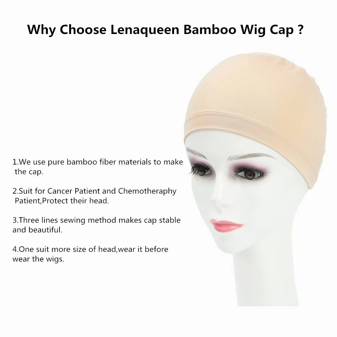 Cancer Headwear for Women Adjustable Bamboo Wig Cap Chemo Soft Lace Bamboo Wigs Cap for Cancer Chemotherapy Patient (Beige)