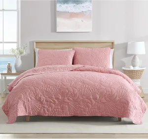 CARIBBEAN JOE Full/Queen Outlined Shell 3-Piece Quilt Set, Coastal Beach Design Bedding, Coral