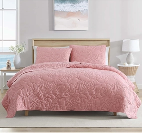 CARIBBEAN JOE King Outlined Shell 3-Piece Quilt Set, Coastal Beach Design Bedding, Coral