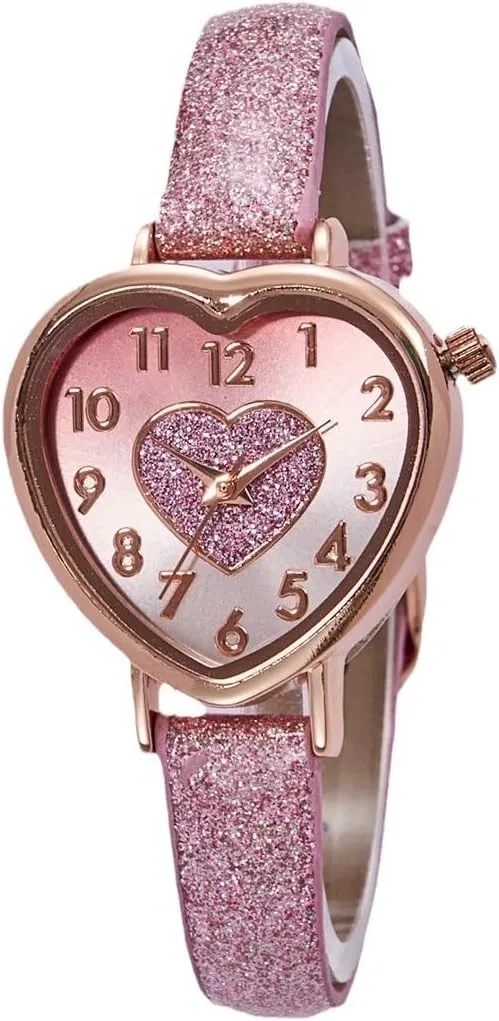 CARLIEN Womens Elegant Sparkle Pink Heart Shape Vintage Bracelet Analog Watch for Man Women Easy Reader Cute Simple Design Leather Strap Bracelet Wristwatch