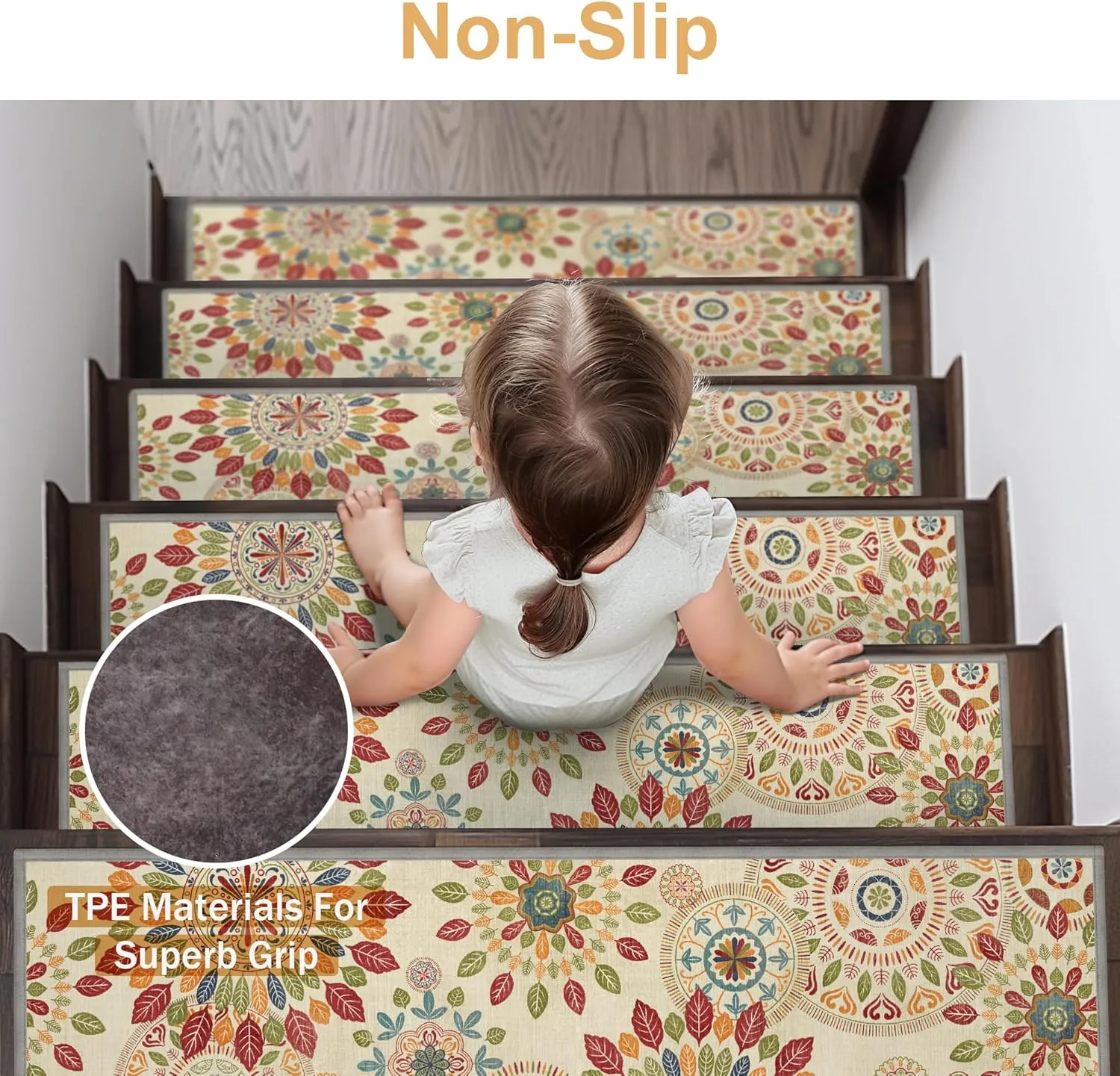 Carpet Stair Treads Non Slip 4PCS, 8" X 30" Edging Stair Runner for Wooden Steps Indoor, Resistant Stair Rugs with Reusable TPE Adhesive Backing, Residue Free Mat for Kids, Elders, Beige&Red