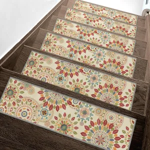 Carpet Stair Treads Non Slip 4PCS, 8" X 30" Edging Stair Runner for Wooden Steps Indoor, Resistant Stair Rugs with Reusable TPE Adhesive Backing, Residue Free Mat for Kids, Elders, Beige&Red