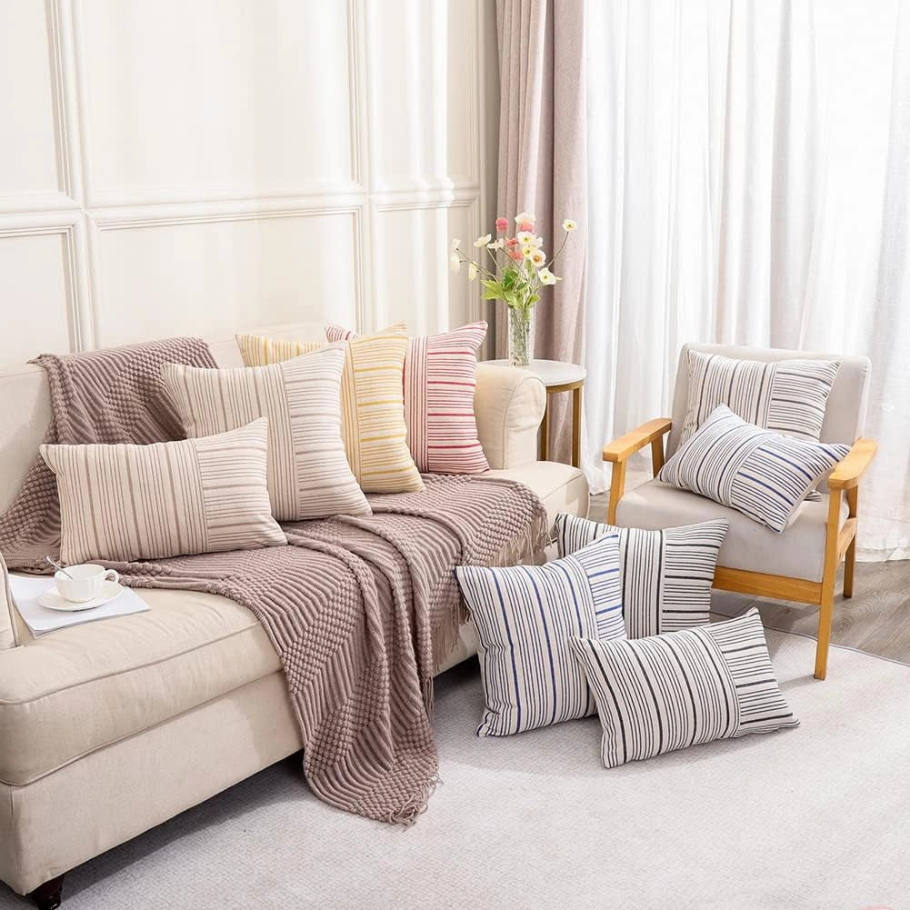 CARRIE HOME Grey and Beige Farmhouse European Pillow Covers 24 x 24 Set of 2 Striped Patchwork Decorative Modern Pillows for Bedroom Couch and Sofa