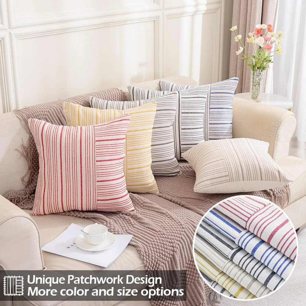 CARRIE HOME Grey and Beige Farmhouse European Pillow Covers 24 x 24 Set of 2 Striped Patchwork Decorative Modern Pillows for Bedroom Couch and Sofa