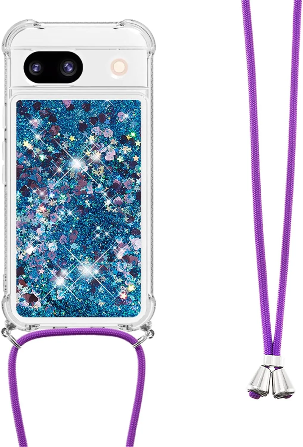 Case for Google Pixel 8A, Glitter Floating Liquid Waterfall Cute Case Fashion Women Girls Case with Adjustable Lanyard Neck Strap Cover for Google Pixel 8A. Love Blue YB