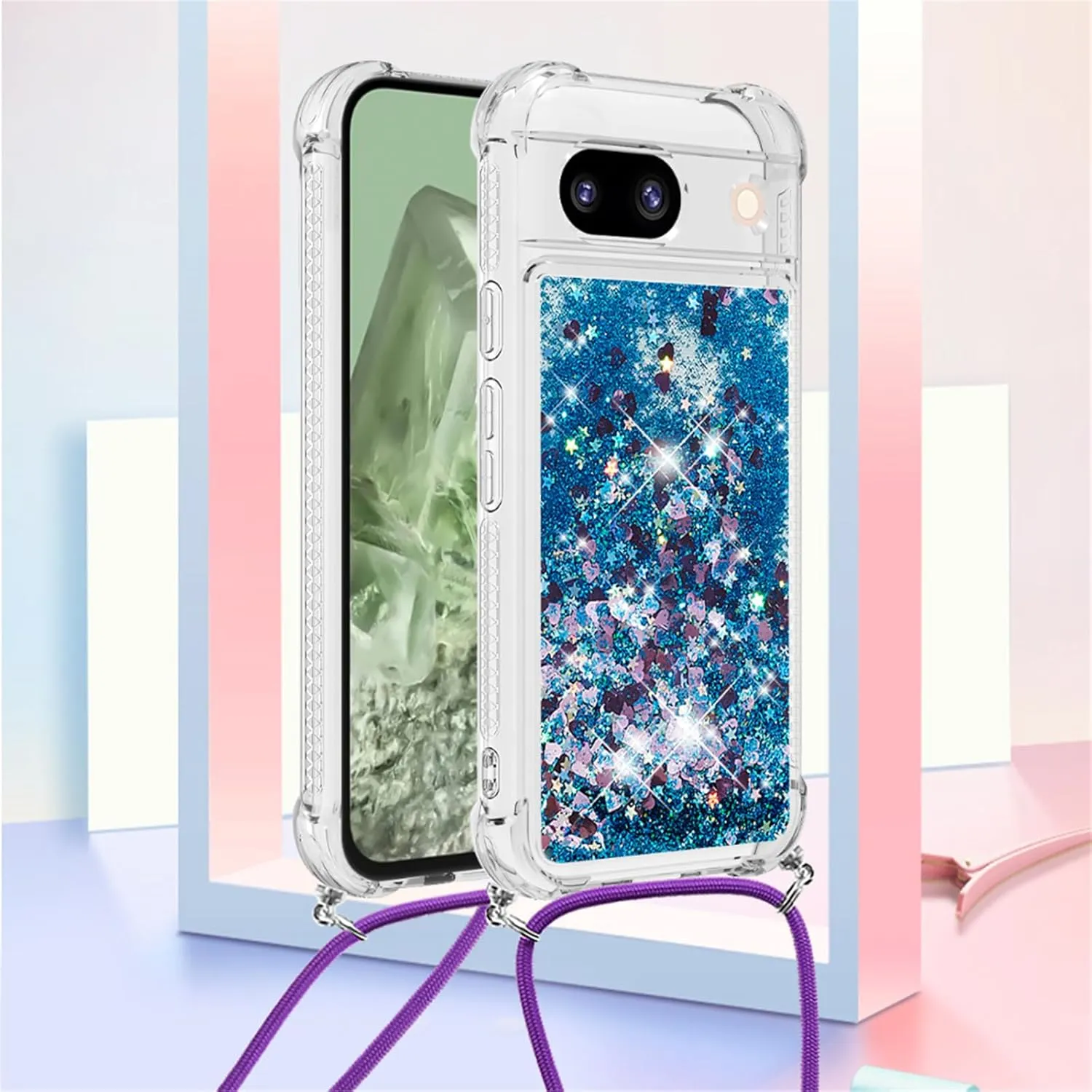 Case for Google Pixel 8A, Glitter Floating Liquid Waterfall Cute Case Fashion Women Girls Case with Adjustable Lanyard Neck Strap Cover for Google Pixel 8A. Love Blue YB