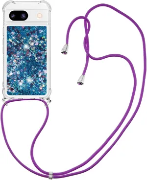 Case for Google Pixel 8A, Glitter Floating Liquid Waterfall Cute Case Fashion Women Girls Case with Adjustable Lanyard Neck Strap Cover for Google Pixel 8A. Love Blue YB
