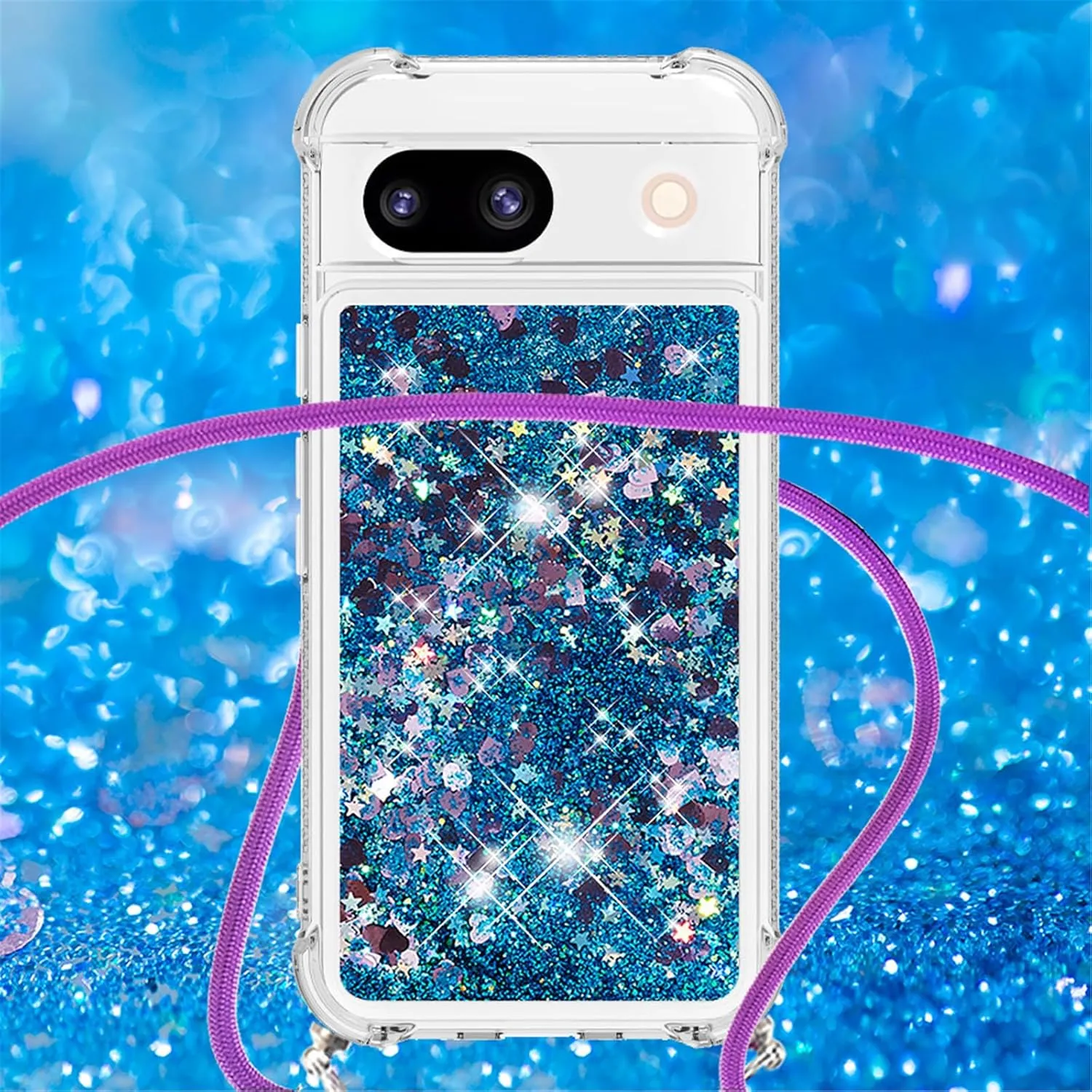Case for Google Pixel 8A, Glitter Floating Liquid Waterfall Cute Case Fashion Women Girls Case with Adjustable Lanyard Neck Strap Cover for Google Pixel 8A. Love Blue YB