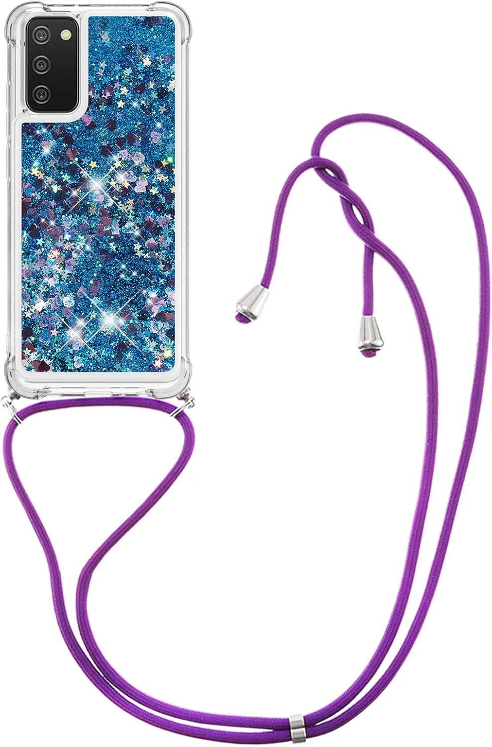 Case for Samsung A02S, Glitter Quicksand Liquid Sparkle Silicone TPU Fashion Girly Women Case Cover with Adjustable Lanyard Neck Strap for Samsung Galaxy A02S Love Blue YB
