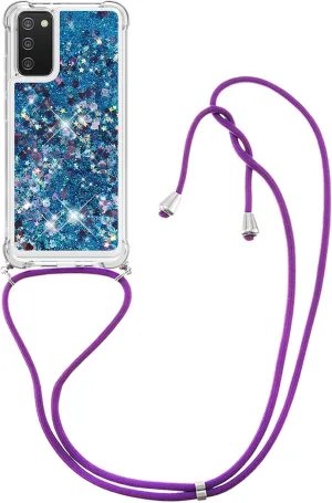 Case for Samsung A02S, Glitter Quicksand Liquid Sparkle Silicone TPU Fashion Girly Women Case Cover with Adjustable Lanyard Neck Strap for Samsung Galaxy A02S Love Blue YB