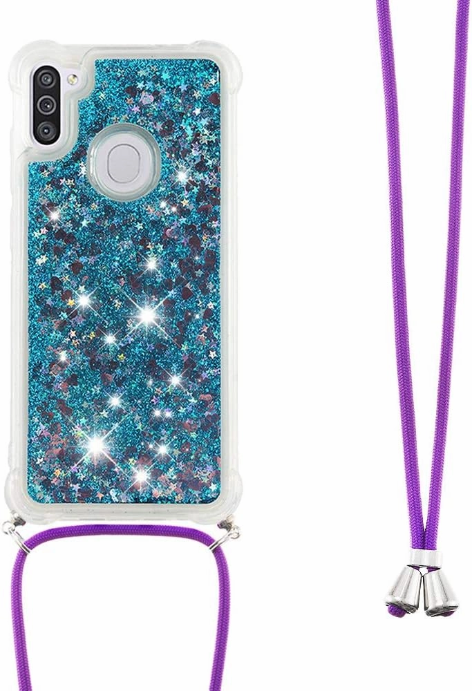 Case for Samsung A11, Glitter Quicksand Liquid Sparkle Silicone TPU Fashion Girly Women Case Cover with Adjustable Lanyard Neck Strap for Samsung Galaxy A11 / M11 Love Blue YB