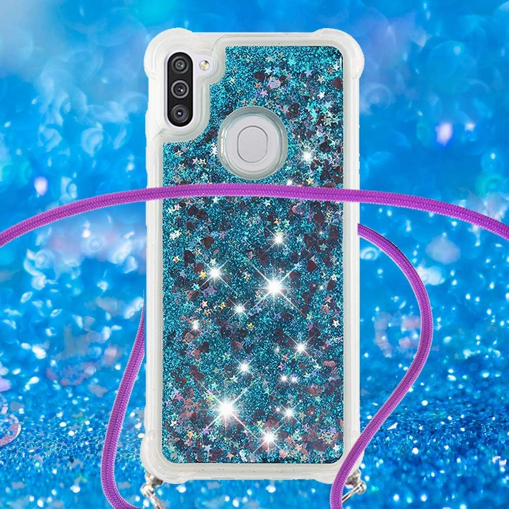 Case for Samsung A11, Glitter Quicksand Liquid Sparkle Silicone TPU Fashion Girly Women Case Cover with Adjustable Lanyard Neck Strap for Samsung Galaxy A11 / M11 Love Blue YB