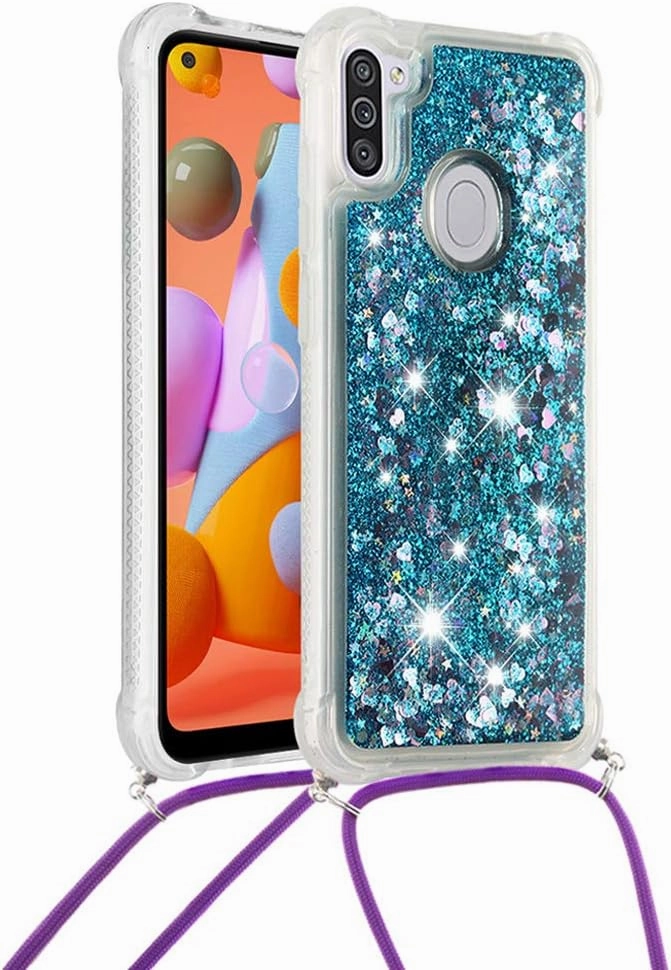 Case for Samsung A11, Glitter Quicksand Liquid Sparkle Silicone TPU Fashion Girly Women Case Cover with Adjustable Lanyard Neck Strap for Samsung Galaxy A11 / M11 Love Blue YB