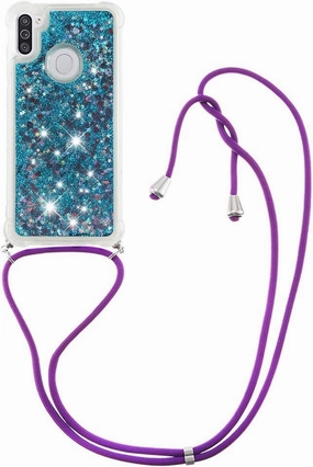 Case for Samsung A11, Glitter Quicksand Liquid Sparkle Silicone TPU Fashion Girly Women Case Cover with Adjustable Lanyard Neck Strap for Samsung Galaxy A11 / M11 Love Blue YB