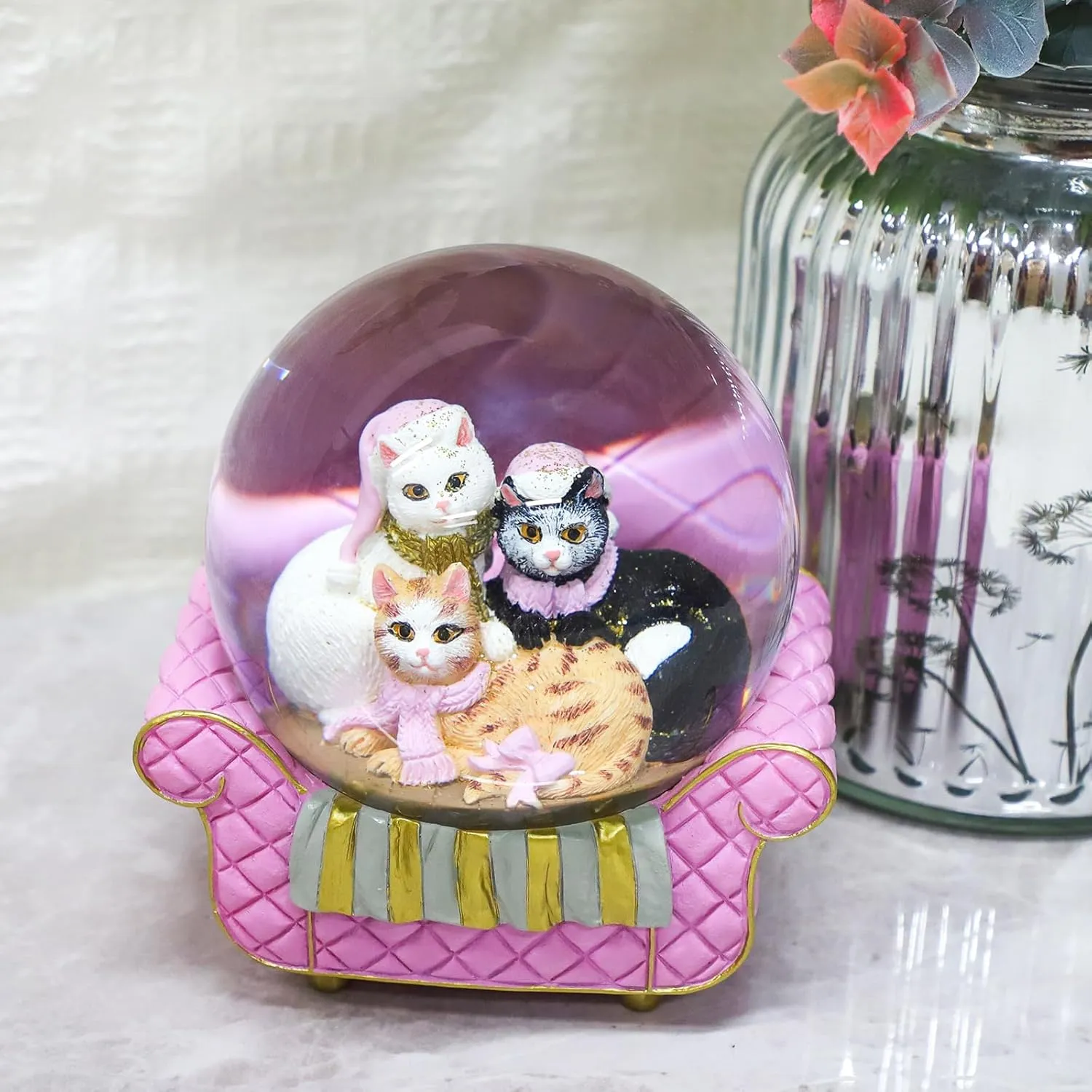 Cat Snow Globes for Girls - 100MM Pink Glitter Glass Snowglobe for Kids, Christmas Snow Globe, Snow Globes Home Office Table Decor Birthday Gift (Pink)