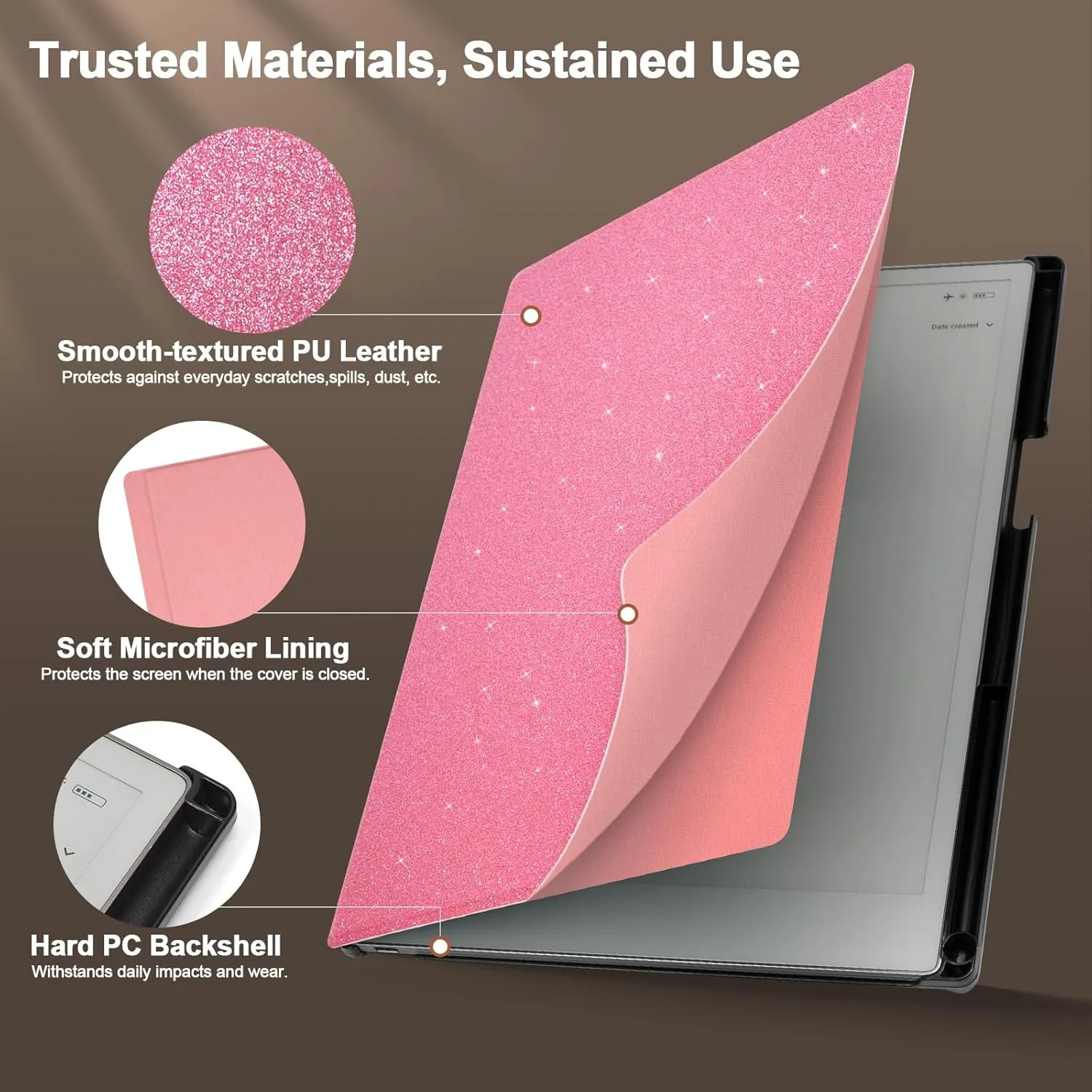 Caweet Case for Remarkable Paper Pro 11.8" 2024, Slim Hard Back Shell Protective Book Folio Cover with Built-in Pen Holder and Auto Wake/Sleep, Glitter Pink