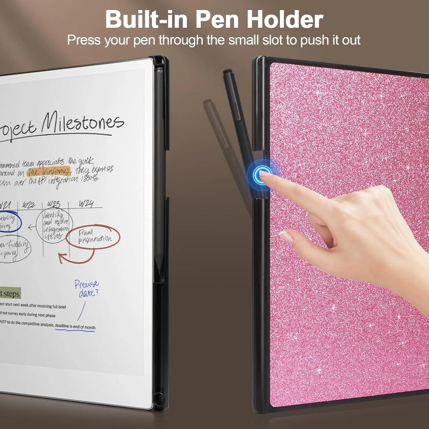Caweet Case for Remarkable Paper Pro 11.8" 2024, Slim Hard Back Shell Protective Book Folio Cover with Built-in Pen Holder and Auto Wake/Sleep, Glitter Pink