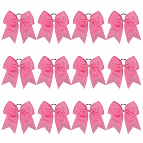 CEELGON 12 PCS Large Rhinestones Cheer Bows, 7" Glitter Cheerleaders Girls Hair Bows for Softball Sports Competition, Pink
