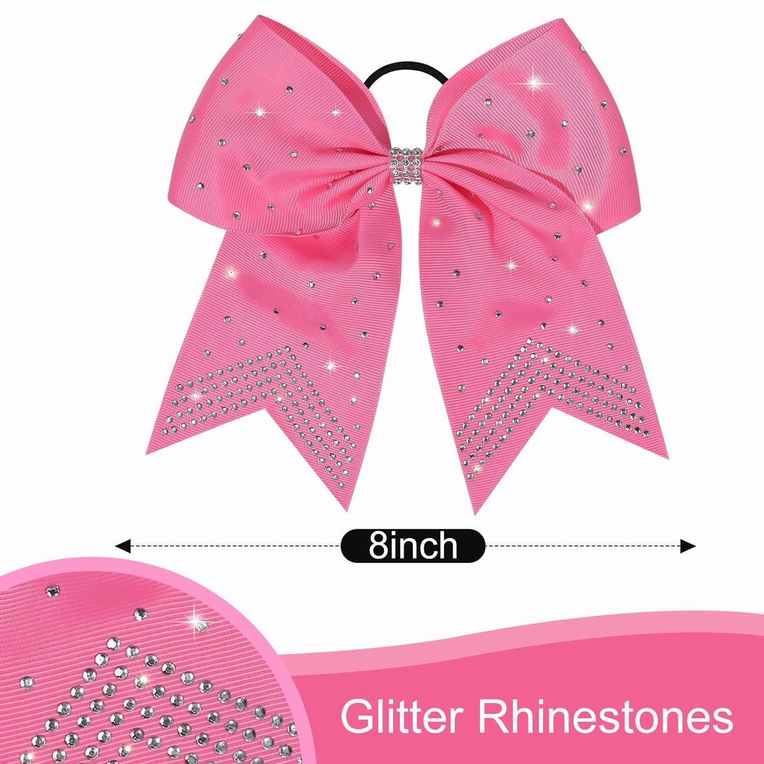 CEELGON 12 PCS Large Rhinestones Cheer Bows, 7" Glitter Cheerleaders Girls Hair Bows for Softball Sports Competition, Pink