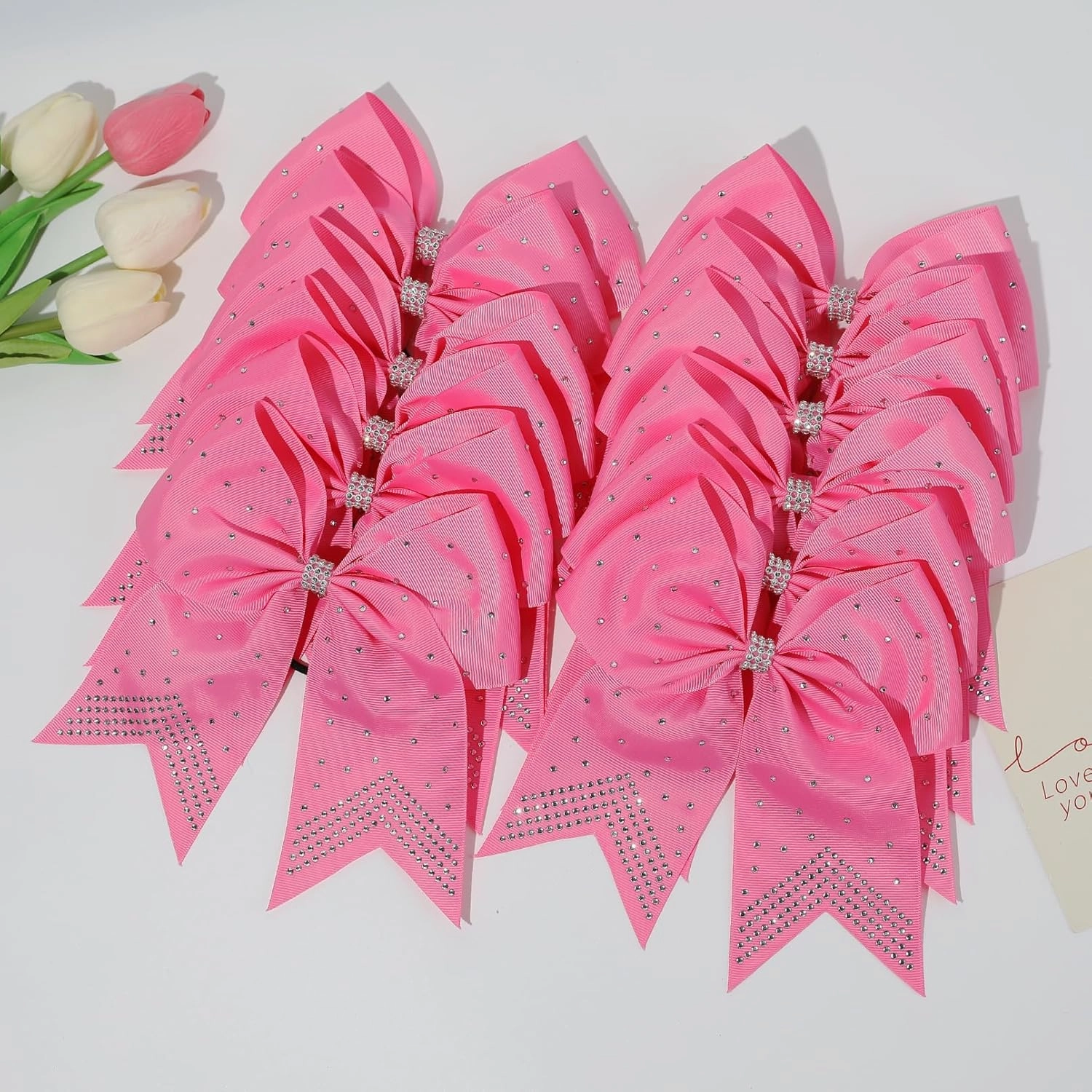 CEELGON 12 PCS Large Rhinestones Cheer Bows, 7" Glitter Cheerleaders Girls Hair Bows for Softball Sports Competition, Pink