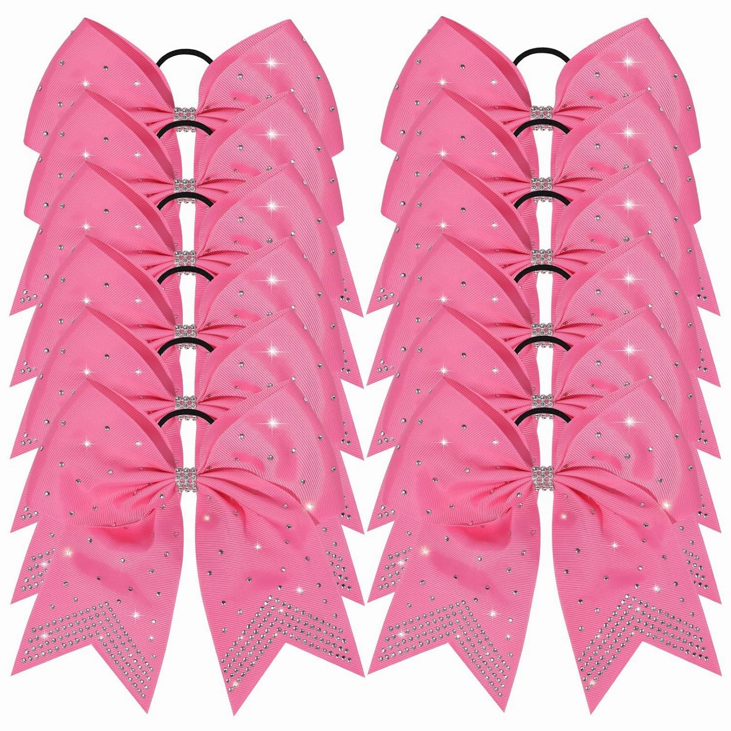 CEELGON 12 PCS Large Rhinestones Cheer Bows, 7" Glitter Cheerleaders Girls Hair Bows for Softball Sports Competition, Pink