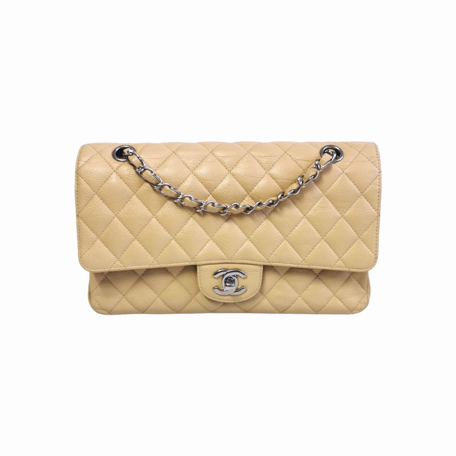 Chanel Classic Double Flap Medium Beige Caviar Silver
